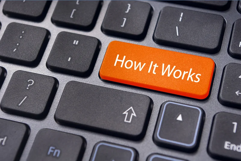 Orangefarbene „How It Works“-Taste auf schwarzer Tastatur – Symbol für technische Dokumentation